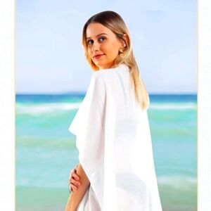 Swimsuit Chiffon Cover-up, white with small pom pom fringe. one size fits all.